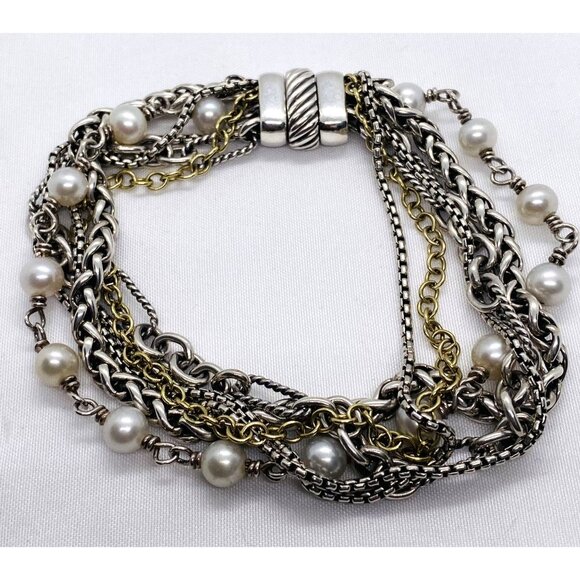 David Yurman Multi Chain Bracelet With Pearl And 18k Gold.